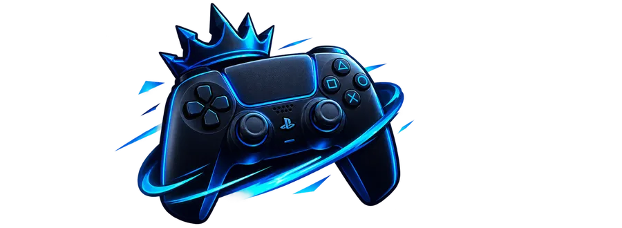 Controle de PlayStation com coroa, arte neon ciano da Games Express SP